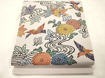 平和屋着物●太鼓柄袋帯　型染め　流水花鳥文　やまと誂製　正絹　逸品　CABM0411dy
