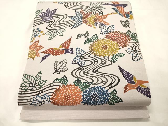 平和屋着物●太鼓柄袋帯　型染め　流水花鳥文　やまと誂製　正絹　逸品　CABM0411dy