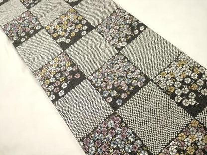 平和屋着物●六通柄袋帯　市松文様　金糸　正絹　逸品　CABM0412dy