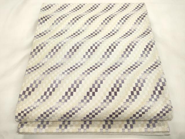 平和屋着物●六通柄袋帯 流彩市松文 金糸 正絹 逸品 未使用 CABM0419dy