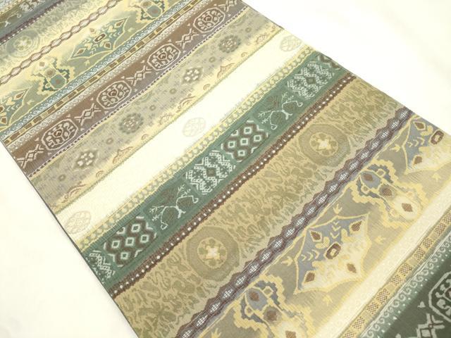 平和屋着物●両面 六通柄袋帯 幾何学文 正絹 逸品 未使用 CABM0423dy