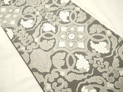 平和屋着物●両面　六通柄袋帯　葡萄蔦の葉文　銀糸　正絹　逸品　CABM0439dy