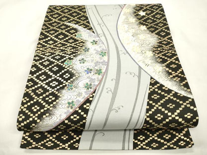 平和屋着物●袋帯 螺鈿 流水花文 黒地 金彩 正絹 逸品 CABM0445dy