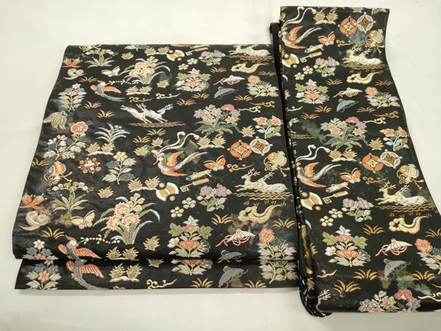 平和屋着物●つけ帯　唐織　動物草花文　黒地　金銀糸　引箔　正絹　逸品　CABM0457dy