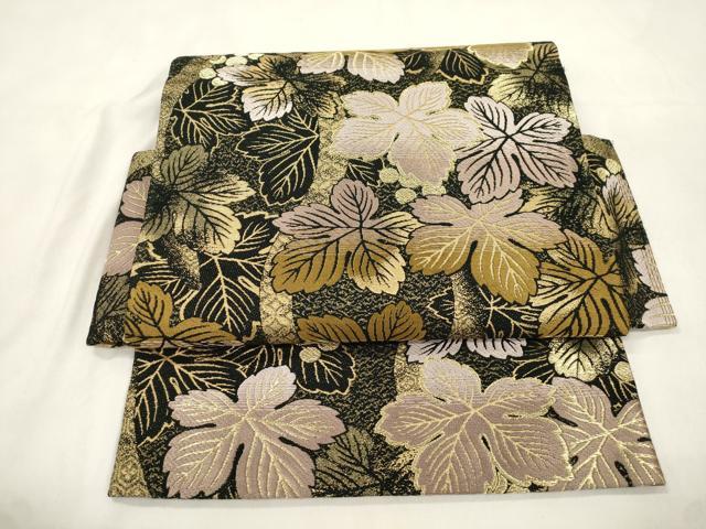 平和屋着物●つけ帯　葡萄蔦の葉文　黒地　金糸　正絹　逸品　CABM0461dy