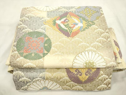 平和屋着物●西陣　　芳彩美術織物　ワンタッチつけ帯　唐織　花鳥丸文　正絹　逸品　CABM0470dy