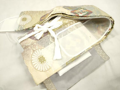 平和屋着物●西陣　　芳彩美術織物　ワンタッチつけ帯　唐織　花鳥丸文　正絹　逸品　CABM0470dy