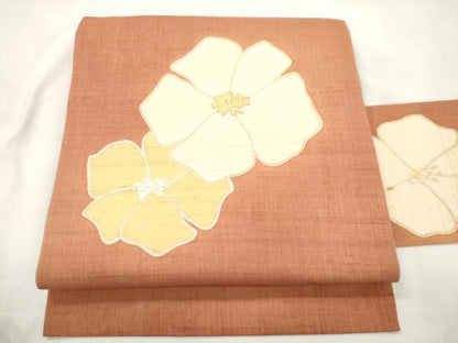 平和屋着物＊夏物　九寸名古屋帯　駒刺繍　舞花文　銀彩　麻　逸品　CABM0490dy
