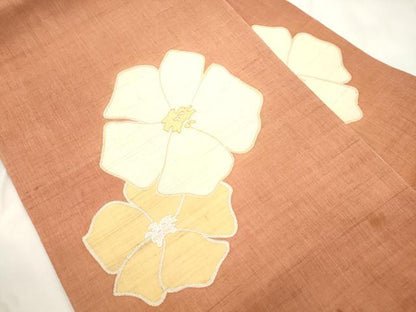 平和屋着物＊夏物　九寸名古屋帯　駒刺繍　舞花文　銀彩　麻　逸品　CABM0490dy