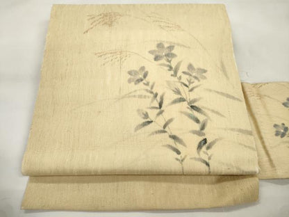平和屋着物●九寸名古屋帯　手描き　紬地　草花文　正絹　逸品　CABM0491dy