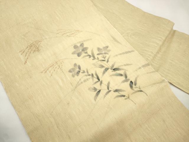 平和屋着物●九寸名古屋帯　手描き　紬地　草花文　正絹　逸品　CABM0491dy