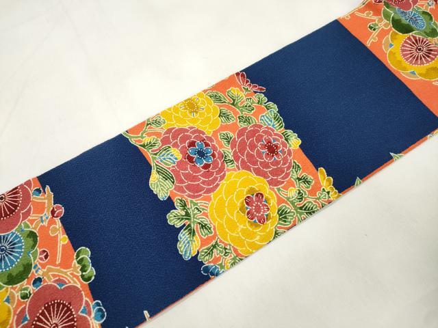 平和屋着物●全通柄九寸名古屋帯　型染め　草花文　鬼しぼ縮緬　正絹　逸品　CABM0493dy