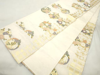 平和屋着物●六通柄袋帯　唐織　草木染　新小石丸　四季花の丸　金糸　正絹　逸品　CABM0506dy