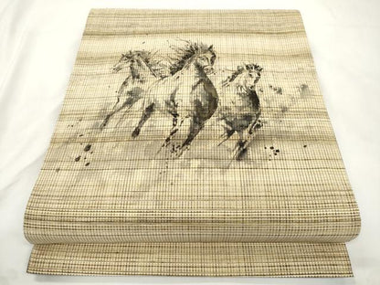 平和屋着物●太鼓柄袋帯 手描き 紬地 馬 正絹 逸品 CABM0508dy