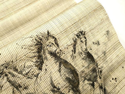 平和屋着物●太鼓柄袋帯 手描き 紬地 馬 正絹 逸品 CABM0508dy