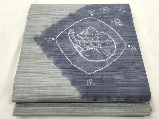 平和屋着物●九寸開き名古屋帯　紬地　絞り　猫　正絹　逸品　CABM0521dy