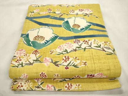 平和屋着物●九寸開き名古屋帯　紬地　型染め　草花文　正絹　逸品　CABM0529dy