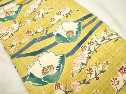 平和屋着物●九寸開き名古屋帯　紬地　型染め　草花文　正絹　逸品　CABM0529dy