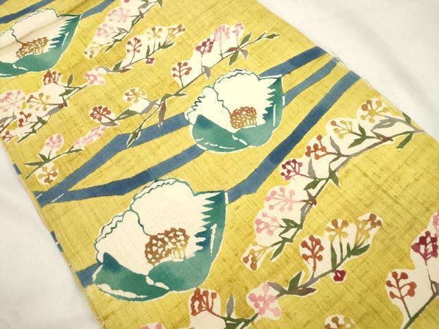 平和屋着物●九寸開き名古屋帯　紬地　型染め　草花文　正絹　逸品　CABM0529dy