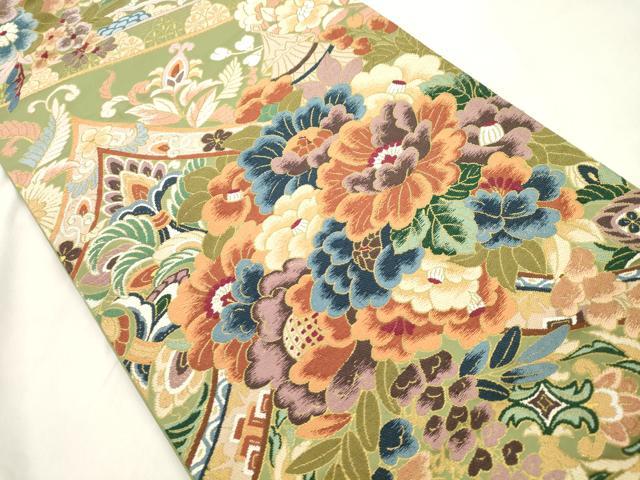平和屋着物●西陣　白綾苑大庭 　六通柄袋帯　草花文　金糸　正絹　逸品　CABM0559dy