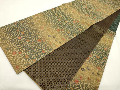 平和屋着物●紋屋井関　御寮織　両面　六通柄袋帯　草花文　金糸　正絹　逸品　CABM0571dy
