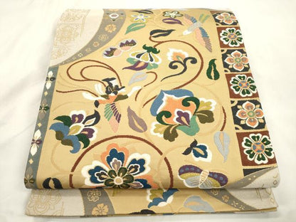平和屋着物●西陣　白綾苑大庭　六通柄袋帯　花蝶鳥文　金糸　正絹　逸品　CABM0573dy