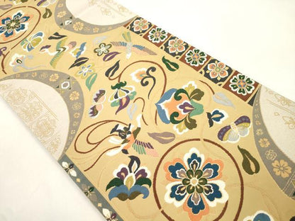 平和屋着物●西陣　白綾苑大庭　六通柄袋帯　花蝶鳥文　金糸　正絹　逸品　CABM0573dy