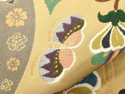 平和屋着物●西陣　白綾苑大庭　六通柄袋帯　花蝶鳥文　金糸　正絹　逸品　CABM0573dy