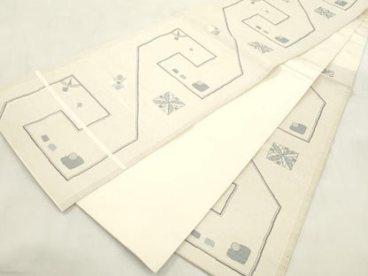 平和屋着物●六通柄袋帯　白泥　大島好み　幾何学文　正絹　逸品　CABM0576dy