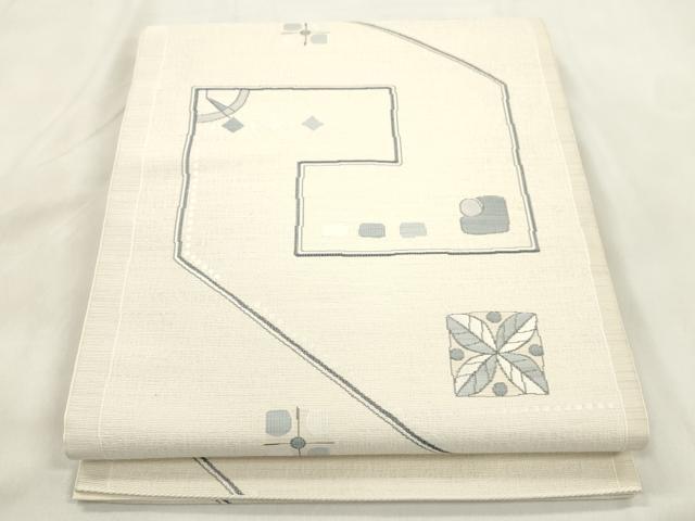 平和屋着物●六通柄袋帯　白泥　大島好み　幾何学文　正絹　逸品　CABM0576dy