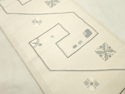 平和屋着物●六通柄袋帯　白泥　大島好み　幾何学文　正絹　逸品　CABM0576dy