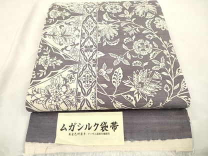 平和屋着物●インド・アッサム　野蚕糸　手織　ムガシルク　全通柄袋帯　更紗文　反端付き　正絹　逸品　CABM0578dy