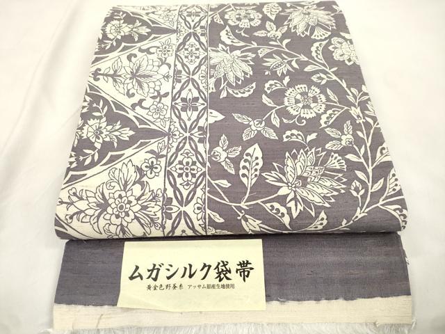 平和屋着物●インド・アッサム　野蚕糸　手織　ムガシルク　全通柄袋帯　更紗文　反端付き　正絹　逸品　CABM0578dy