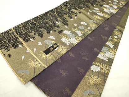 平和屋着物●巨匠　前田華清　手描き　両面　六通柄袋帯　草花文　金糸　正絹　逸品　CABM0580dy