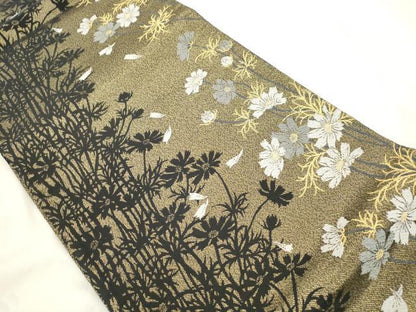 平和屋着物●巨匠　前田華清　手描き　両面　六通柄袋帯　草花文　金糸　正絹　逸品　CABM0580dy