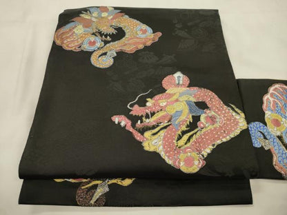 平和屋着物●アンティーク　大正ロマン　九寸名古屋帯　竜　黒地　正絹　逸品　CABM0604dy