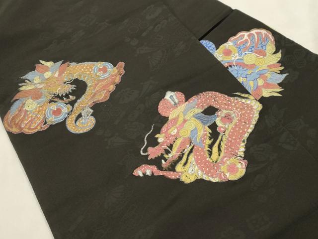 平和屋着物●アンティーク　大正ロマン　九寸名古屋帯　竜　黒地　正絹　逸品　CABM0604dy