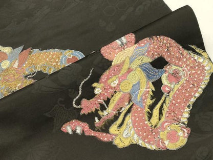 平和屋着物●アンティーク　大正ロマン　九寸名古屋帯　竜　黒地　正絹　逸品　CABM0604dy