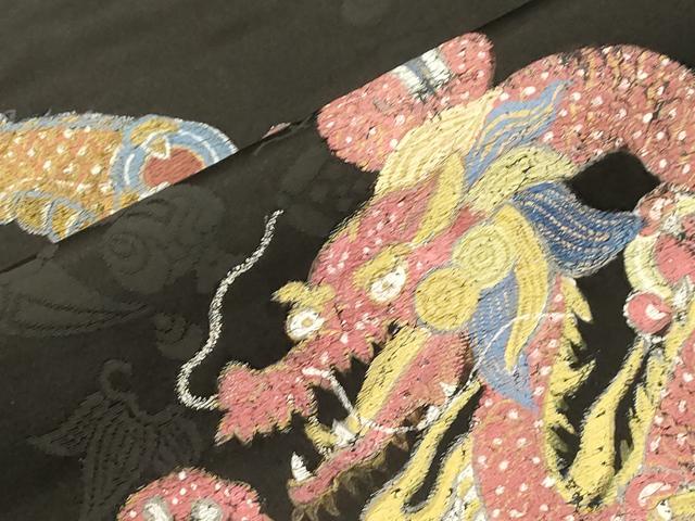 平和屋着物●アンティーク　大正ロマン　九寸名古屋帯　竜　黒地　正絹　逸品　CABM0604dy