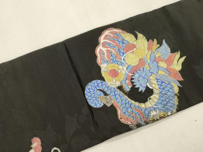 平和屋着物●アンティーク　大正ロマン　九寸名古屋帯　竜　黒地　正絹　逸品　CABM0604dy