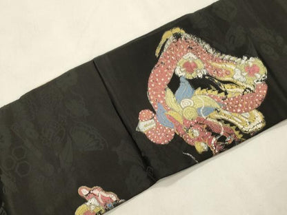 平和屋着物●アンティーク　大正ロマン　九寸名古屋帯　竜　黒地　正絹　逸品　CABM0604dy