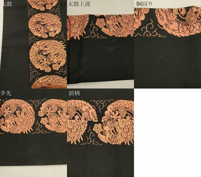 平和屋着物●アンティーク　大正ロマン　全通柄九寸名古屋帯　竜　黒地　正絹　逸品　CABM0605dy