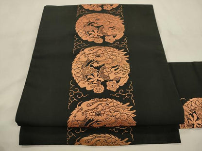 平和屋着物●アンティーク　大正ロマン　全通柄九寸名古屋帯　竜　黒地　正絹　逸品　CABM0605dy