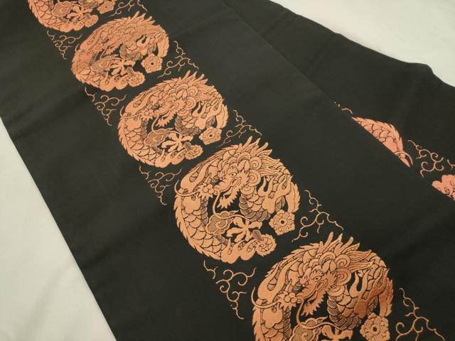 平和屋着物●アンティーク　大正ロマン　全通柄九寸名古屋帯　竜　黒地　正絹　逸品　CABM0605dy