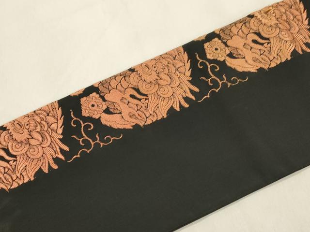 平和屋着物●アンティーク　大正ロマン　全通柄九寸名古屋帯　竜　黒地　正絹　逸品　CABM0605dy