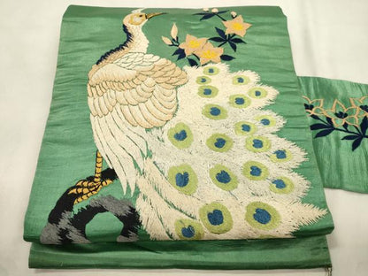 平和屋着物●アンティーク　大正ロマン　九寸名古屋帯　刺繍　孔雀花文　正絹　逸品　CABM0606dy