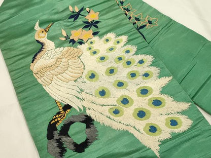 平和屋着物●アンティーク　大正ロマン　九寸名古屋帯　刺繍　孔雀花文　正絹　逸品　CABM0606dy