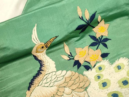 平和屋着物●アンティーク　大正ロマン　九寸名古屋帯　刺繍　孔雀花文　正絹　逸品　CABM0606dy