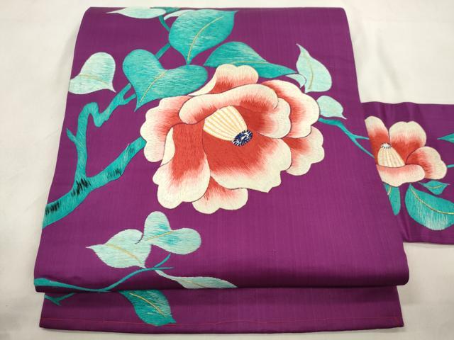 平和屋着物●アンティーク　大正ロマン　九寸名古屋帯　刺繍　草花文　金糸　正絹　逸品　CABM0609dy