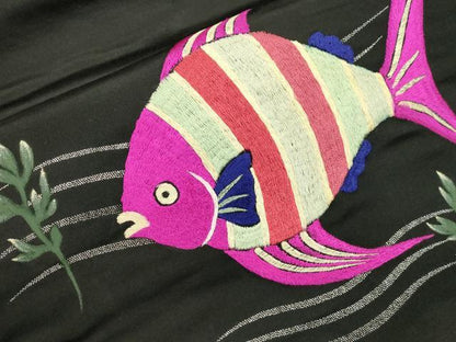 平和屋着物●アンティーク　大正ロマン　九寸名古屋帯　刺繍　エンゼルフィッシュ　黒地　金彩　正絹　逸品　CABM0611dy